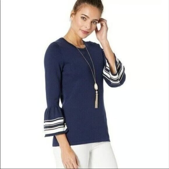Lillly Pulitzer Women's Navy Blue 3/4 Bell Sleeve with Stripe Cuffed Sweater M - Picture 1 of 6
